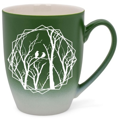 Elanze Designs Birds and Branches Two Toned Ombre Matte Green and White 12 ounce Ceramic Stoneware Coffee Cup Mug