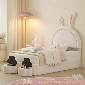 Full/Twin Size Velvet Upholstered Rabbit-Shape Bed with 2 Storage Stools 4Q - ModernLuxe - 1 of 4