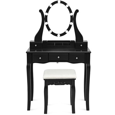 Tangkula Vanity Table Makeup Dresser Desk w/LED Light Drawers & Stool Black/Brown/White