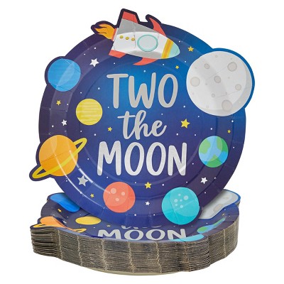 Blue Panda 48 Pack Two the Moon 2nd Birthday Decorations, Galaxy Themed Party Plates, Silver Foil, 9 x 10 In
