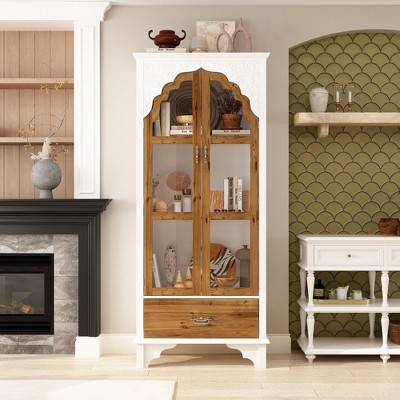 Famapy White Vertical Storage Cabinet Embossed Patterned Arched Glass Doors