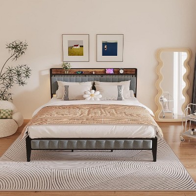 King Bed Frame with Headboard, Charging Station, LED Lights, Underbed Storage, Metal Slat Support – No Box Spring Needed for Apartments & Dorms