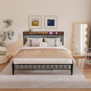 King Bed Frame with Headboard, Charging Station, LED Lights, Underbed Storage, Metal Slat Support – No Box Spring Needed for Apartments & Dorms - 1 of 4