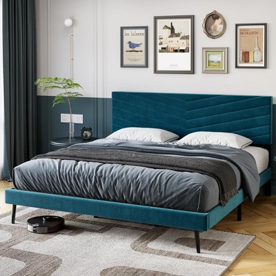 Queen Size Bed Frame with Velvet Upholstered Headboard, Platform Bed with Solid Wood Slats Support