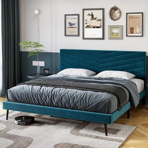 Queen Size Bed Frame with Velvet Upholstered Headboard, Platform Bed with Solid Wood Slats Support - 1 of 4