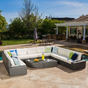 GDFStudio Lauren 12 Piece Outdoor Sectional Rattan Wicker Furniture Set with Table and Cushions - 1 of 4