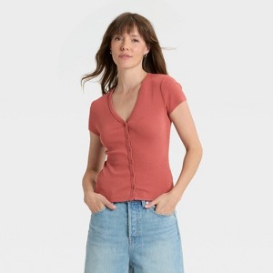 Women's Short Sleeve V-Neck Button-Down Shirt - Universal Thread™ - 1 of 4
