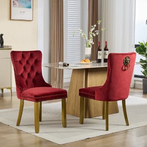 Ridstar Set of 2 Modern Tufted Solid Wood Velvet Upholstered Dining Chair with Gold-Finished Wood Legs & Tassels-Red - 1 of 4