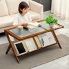 Runesay Mid Century Modern Brown Rattan Coffee Table with Glass Top, Large Boho Center Table with Storage - 3 of 4