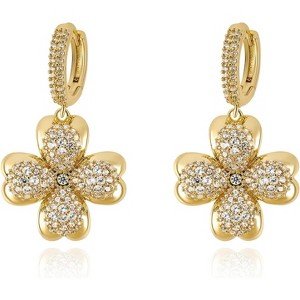 Gold Clover Earrings for Women, 14K Plated Cubic Zirconia Lucky Four Leaf Hoop Huggie Dangle Earrings Sparkly Floral Gift - 1 of 4