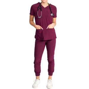 Medgear Fleur Women's Stretch Scrub Set with Zip Chest Pocket Top and Knit Rib Cuffs Jogger Pants, More Colors - 1 of 4