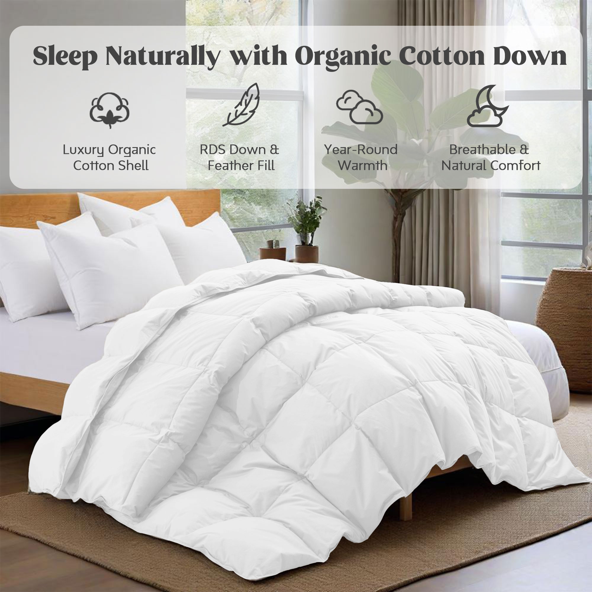 Puredown All Season Organic Cotton Down Comforter - 100% Natural, Chemical-Free, Medium Warmth Duvet Insert, White, King