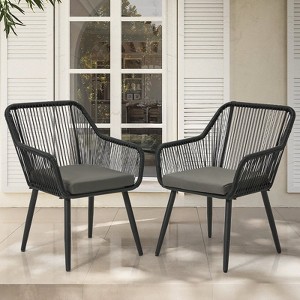 EROMMY Outdoor Patio Dining Chairs Set Of 2, Willow Wicker Rattan Balcony Chairs With Removable Cushions, Ergonomic Armrests & Backrest - 1 of 3
