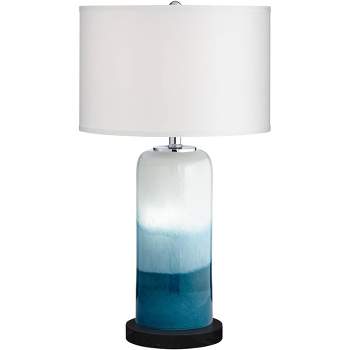 Possini Euro Design Roxanne Coastal Table Lamp with Round Black Riser 25" High Blue LED Nightlight White Drum Shade for Bedroom Living Room Bedside