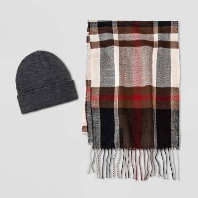 Men S Plaid Scarf Beanie Set Goodfellow Co Charcoal Heather Target - cat scarf roblox