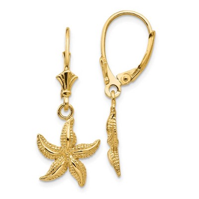 Black Bow Jewelry 12mm Textured Starfish Lever Back Earrings in 14k Yellow Gold