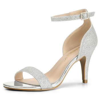 Allegra K Women's Glitter Open Toe Ankle Buckle Strap Stiletto Heel Sandals