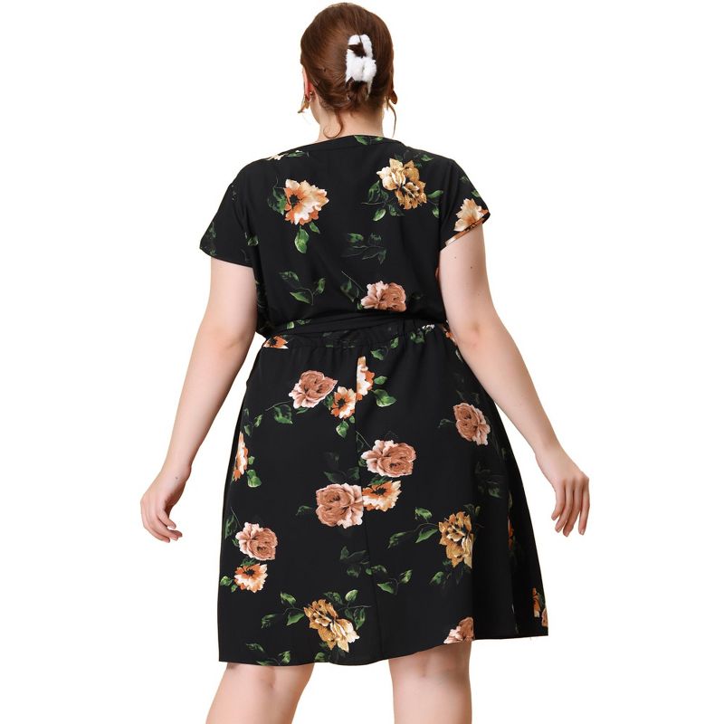 Agnes Orinda Women's Plus Size Casual Floral Tie Waist Short Sleeve Knee Length Shirt Dresses, 4 of 7