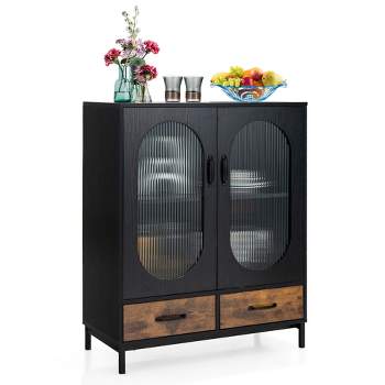 Costway Kitchen Storage Cabinet Freestanding Buffet Sideboard w/ 2 Glass Doors & Drawers