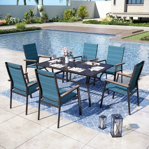Captiva Designs 7pc Patio Dining Slat-top Rectangle Table & Textilene Chairs with Wood-like Armrests - 1 of 4