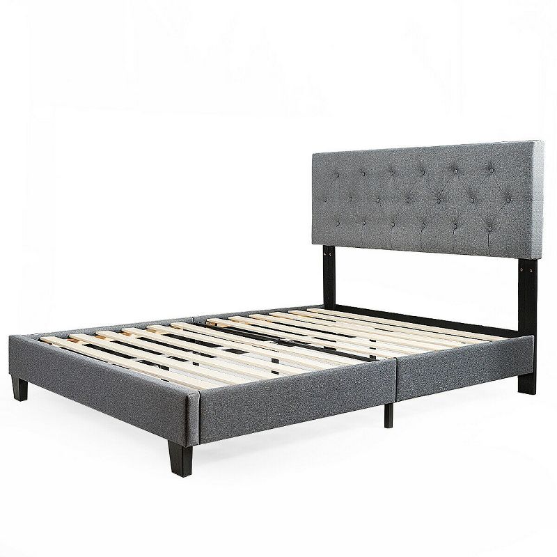 Tangkula Full Size Bed Frame with Headboard Upholstered Mattress Foundation w/Metal Frame & Wood Slats Adjustable Height No Box Spring Needed, 1 of 10