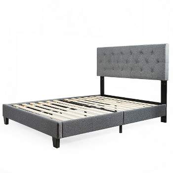 Tangkula Full Size Bed Frame with Headboard Upholstered Mattress Foundation w/Metal Frame & Wood Slats Adjustable Height No Box Spring Needed