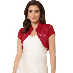 INSPIRE CHIC Women's Lace Stand Collar Pearl Button Short Sleeve Cropped Shrug - 1 of 4