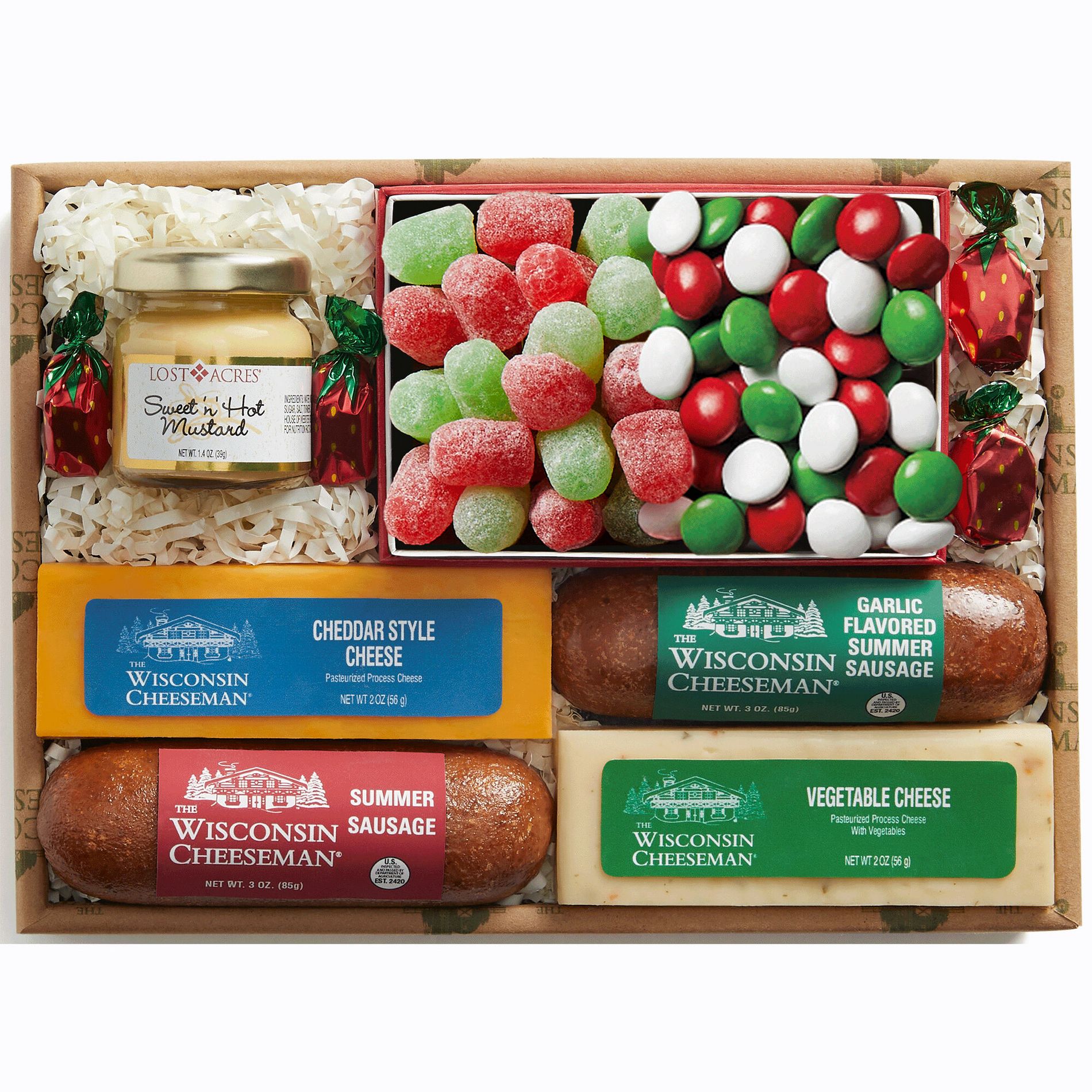 The Wisconsin Cheeseman 7-Piece Terrific Treats Assortment - Summer Sausage Meats and Cheeses Gift Basket
