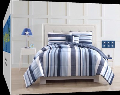 Blue Striped Twin Microfiber Reversible Comforter Set
