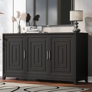 59.1" MDF Modern TV Stand with Geometric Doors, Metal Handles, Two Cabinets and Solid Wood Legs for TVs up to 65" with Adjustable Shelves - 1 of 4
