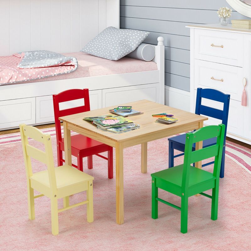 Costway Kids 5 Piece Table Chair Set Pine Wood Multicolor Children Play Room Furniture, 3 of 11