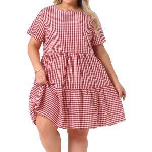 Agnes Orinda Women's Plus Size Gingham Vintage Plaid Round Neck Short Sleeve Tiered A-Line Midi Summer Dress - 1 of 4