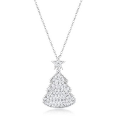 ShineHigh Clear Christmas Tree Drop Necklace with Cubic Zirconia, Rhodium Plated Holiday Pendant on Adjustable Link Chain, 5.75 Ct