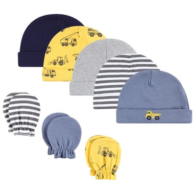 Hudson Baby Infant Boys Cotton Cap and Scratch Mitten Set, Construction, 0-6 Months