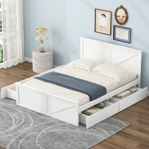 King/Queen Size Platform Bed with Four Storage Drawers and Support Legs, White/Gray-ModernLuxe - 1 of 4