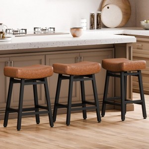 DYHOME 24 Inches Bar Stools, Saddle Kitchen Stools with PU Leather Cushion Counter Height Barstools, Set of 3 - 1 of 4