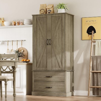 Kitchen Pantry Cabinet, Farmhouse Storage Cabinet with Barn Doors, Drawers and Adjustable Shelves, Versatile Storage for Kitchen