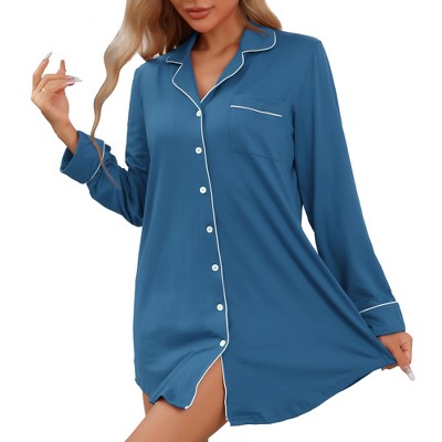 cheibear Womens Nightgown for Women Long Sleeve Sleepshirt Button Down Notch Collar Boyfriend Nightshirt Sleepwear