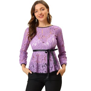 INSPIRE CHIC Women's Semi-Sheer Elegant Tie Waist Long Sleeve Floral Lace Peplum Blouses - 1 of 4