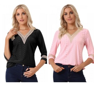INSPIRE CHIC Women's V Neck Contrast Color Lace Trim Boho Top 2 Packs - 1 of 4