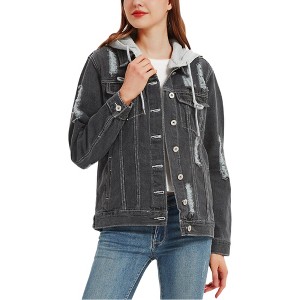 Anna-Kaci Women's Detachable Hoodie Denim Distressed Jean Jacket - 1 of 4