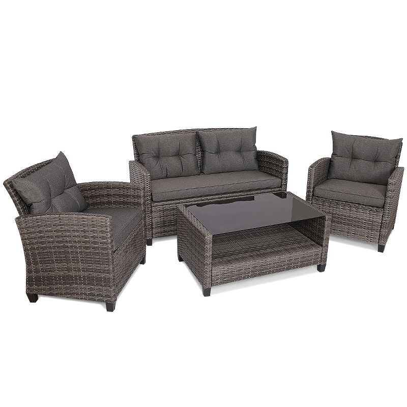 Tangkula 4-Piece Outdoor Patio Furniture Set Rattan Wicker Conversation Sofa Set with Coffee Table, 4 of 7