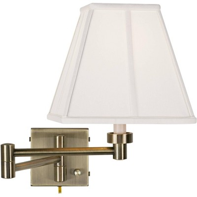 Barnes and Ivy Modern Swing Arm Wall Lamp Antique Brass Plug-In Light Fixture Ivory Fabric Square Shade Bedroom Bedside Reading