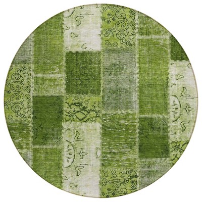 Olive Green And Artichoke Green Patchwork Washable Indoor Outdoor Area Rug