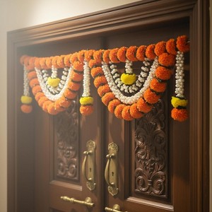 Store Indya Decorative Artificial Marigold and Pearl Toran, Traditional Orange Flower Hanging (Design 1) - 1 of 4