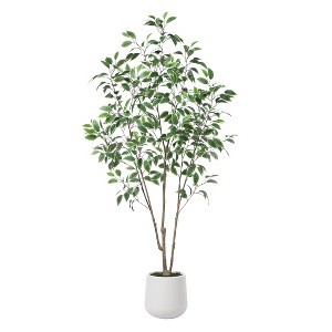 DR.Planzen 5-7FT Artificial Ficus Tree with Round White Planter, Pre Potted Faux Plant with White Border Leaves for Indoor Home Decor - 1 of 4