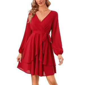 Coolmee Women's Dress Deep V-Neck Long Sleeve Waist Tie Ruffle Mini Swing Skater Dresses - 1 of 4