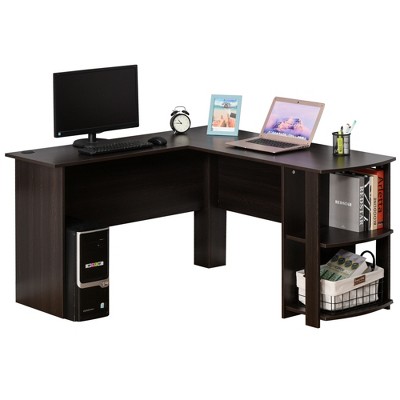 HomCom L-Shaped Corner Computer Desk Wood PC Workstation Laptop Table with 2 Storage Shelves Space Saving Home Office Brown