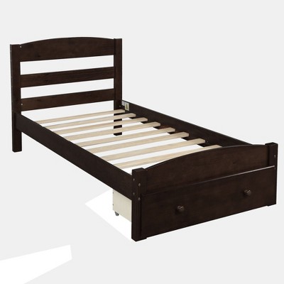 NicBex Twin Size Wood Platform Bed with 1 Drawer and Headboard for Adults/Boys/Girls