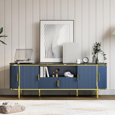 70" TV Stand for TVs Up to 80 Inches, Fluted Media Console with Faux Marble Top & Adjustable Shelves